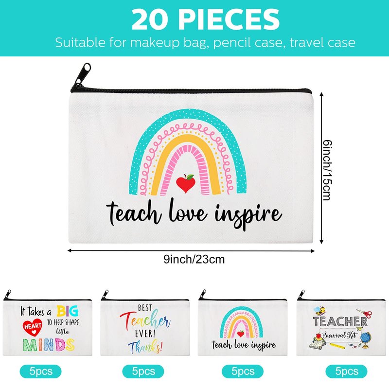 Saintrygo 20 Pieces Teacher Gifts Makeup Bags Bulk Canvas Survival Kit Cosmetic Bag Zippered Pencil Case Appreciation Gifts Travel Toiletry Pouch for Graduation Teachers Day(Heart)