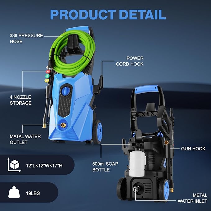 2026 New 5000PSI Electric Pressure Washer, Power Washer with 33FT Resistant Extension Hose and 4 Nozzles, Compatible with Undercarriage washers, Professional Powerwashers for Home/Car(Blue)