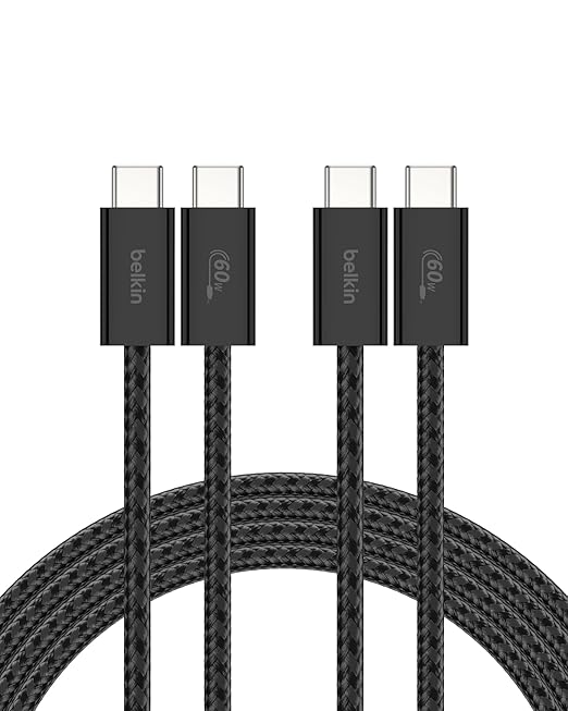 Belkin USB C to USB C Cable 2-Pack, 6.6ft, 60W - Type C Charger, iPhone Charger Cord, Soft, Braided, Flexible for iPhone 17, Galaxy S26, Pixel 10, Airpods, iPad Pro & More, Travel Essentials - Black