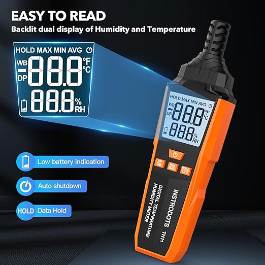 INSTRODOTS Temperature Humidity Meter, High Precision Digital Hygrometer with Ambient, Dew Point, Wet Bulb Temperature for Indoor Outdoor, Thermometer with Min/Max, Data Hold, LCD Backlight, TH11