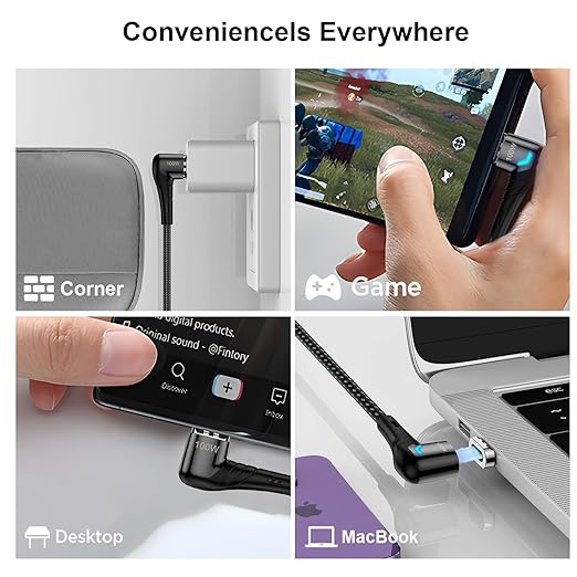ZBF 100W USB C Magnetic Charging Cable, Right Angle Magnetic Phone Charger Cable(3 Pack, 5/5/5FT) 5A Fast Charging for Mac-Book Pro/Air, Pad Pro,Phone 17 16,14,13 Pro Max Galaxy S22