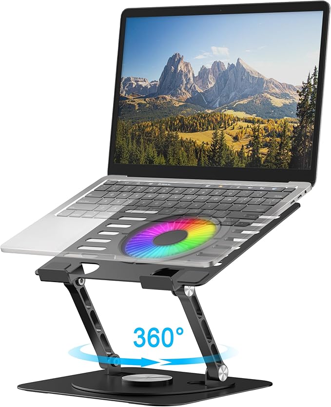 YTech Laptop Stand,with 360°Rotating Base,External Cooling Fan,Adjustable RGB Lighting,Ergonomic Foldable Notebook Computer Holder.Compatible with All 10-17" Laptops Tablets,Black