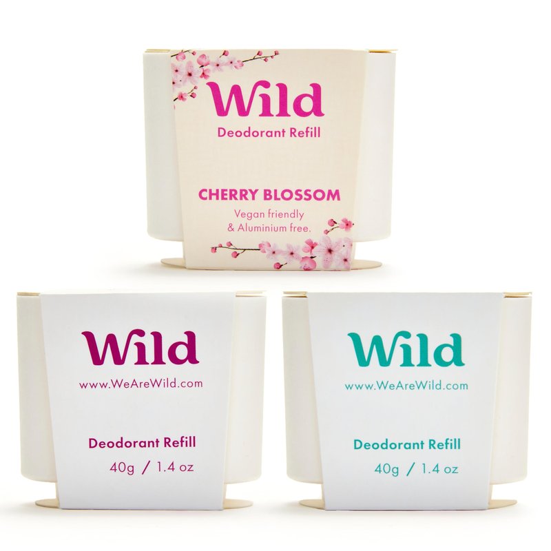 Wild Aluminum Free Refillable Deodorant Variety Pack for Men & Women - 98% Natural Ingredients - Includes Fresh Cotton & Sea Salt, Cherry Blossom, Coconut & Vanilla Scents - Long Lasting Protection