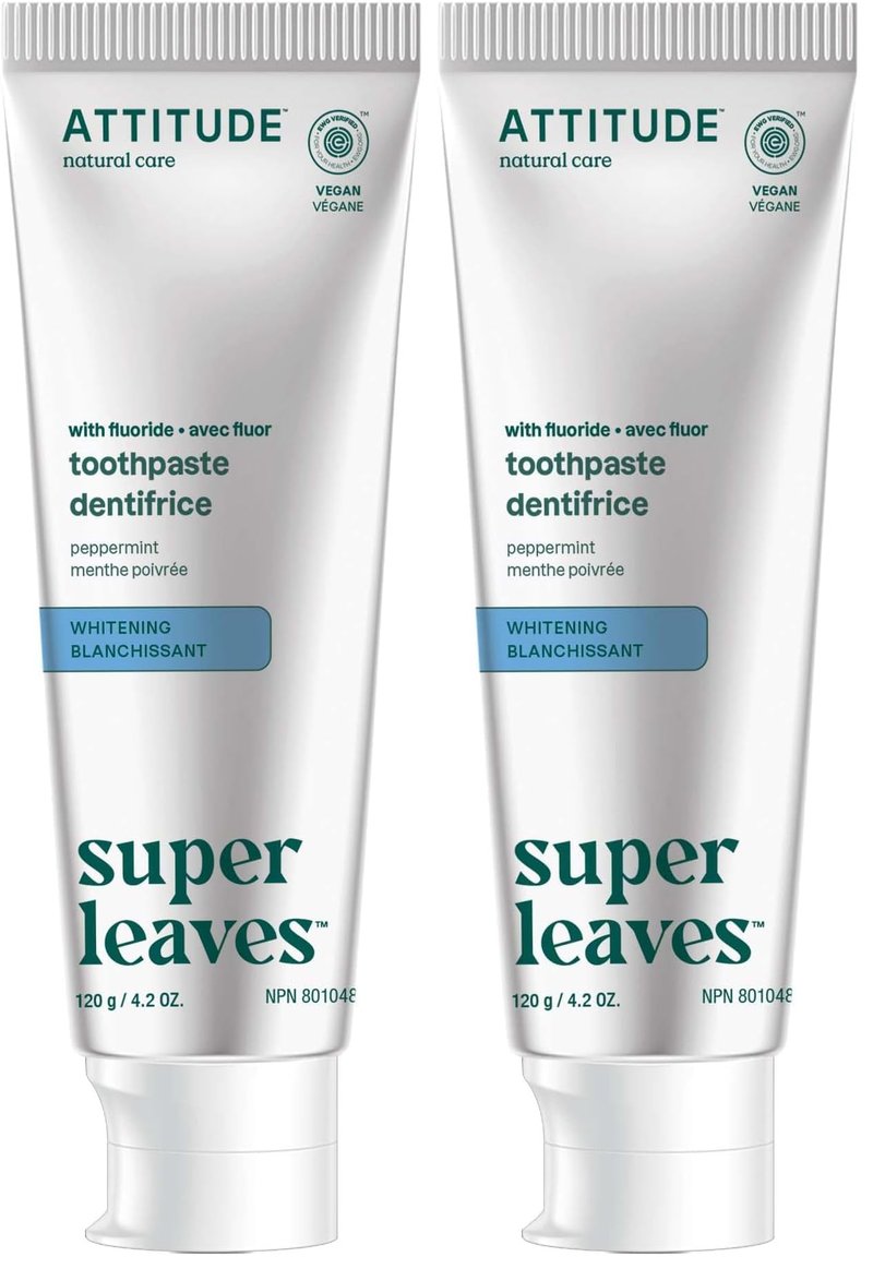 Attitude Whitening Toothpaste with Fluoride, Peppermint Flavor, Vegan & Cruelty-Free, Sugar-Free, Plant & Mineral-Based Ingredients, Clean Oral Care, 4.2 Oz (Pack of 2)