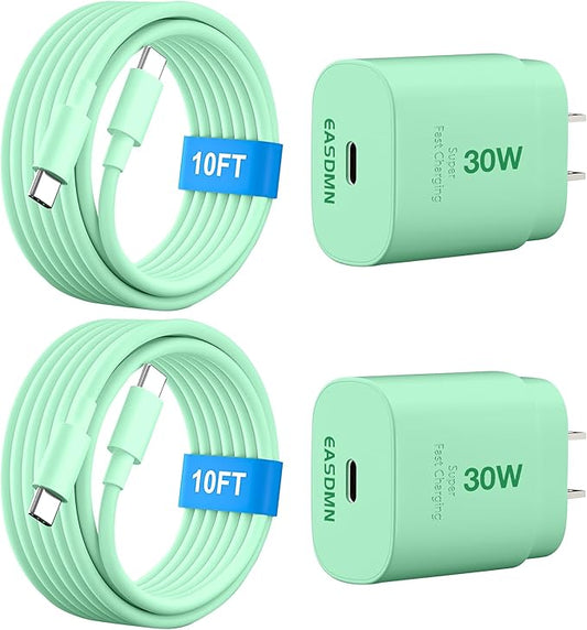 30W USB C i Phone 17 16 15 Charger Fast Charging, 2PACK Wall Charger for iPhone 16 15 Pro Max Charger Cord 10FT Fast Type C Block for iPhone 17 Pro Max/17 Air/16/15 Plus/15 Pro Max,i Pad Pro, Green