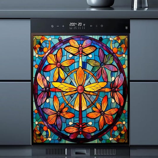 Colorful Dragonflies Magnet Dishwasher Cover Dishwasher Magnetic Panel Decal, Stained Glass Window Fridge Magnetic Skins Cover, Vinyl Home Appliance Decal 23" x 26" Magnetic