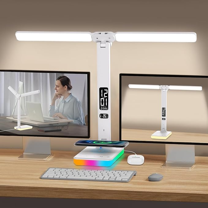oviouit LED Desk Lamp with Charger, USB Charging Port, Dual Swing Arm Desk Light with 5 Brightness, 3 Colors, Table Lamp with Clock, Alarm, Date, Temperature, Desk Lamp for Home Office Study (White)
