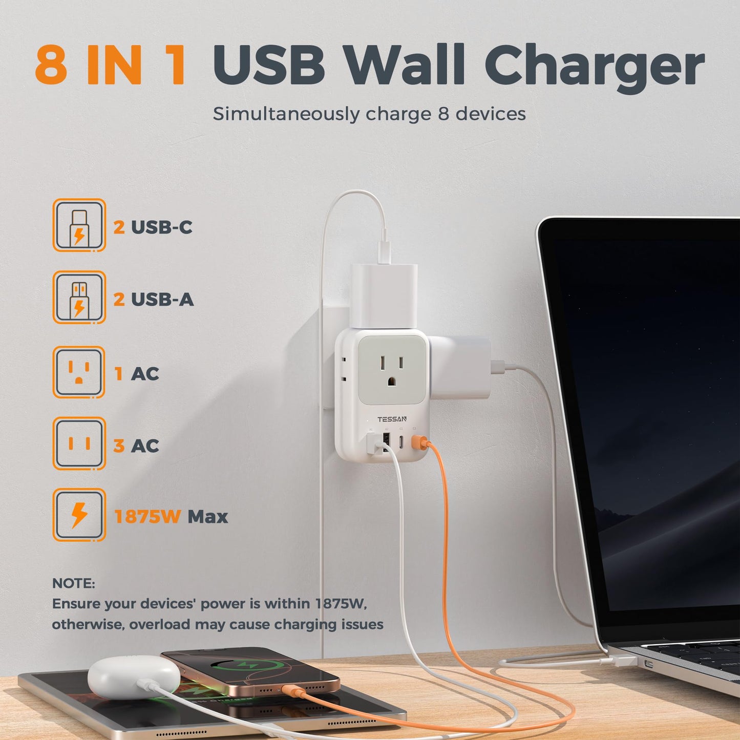 TESSAN USB C Charger Block 20W PD, Fast Charging Adapter with Foldable Plug, 1875W Power Outlet Extender(4 AC and 4 USB) for Cruise, Home, Office, Dorm Room Essentials, Grey