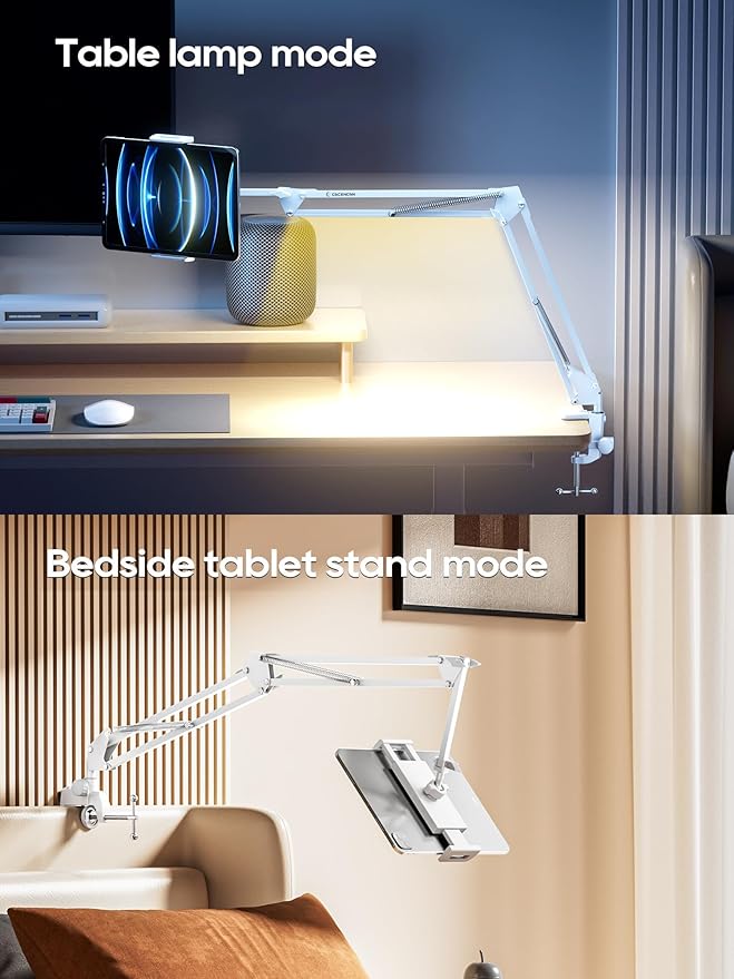 CACENCAN Tablet Stand, Tablet Mount Adjustable with Light, Universal Flexible Tablet Holder with 360 Degree Rotation for iPad/iPhone/iPad Pro/N-Switch,or Other 4.5~13.5 Inches Devices (White)