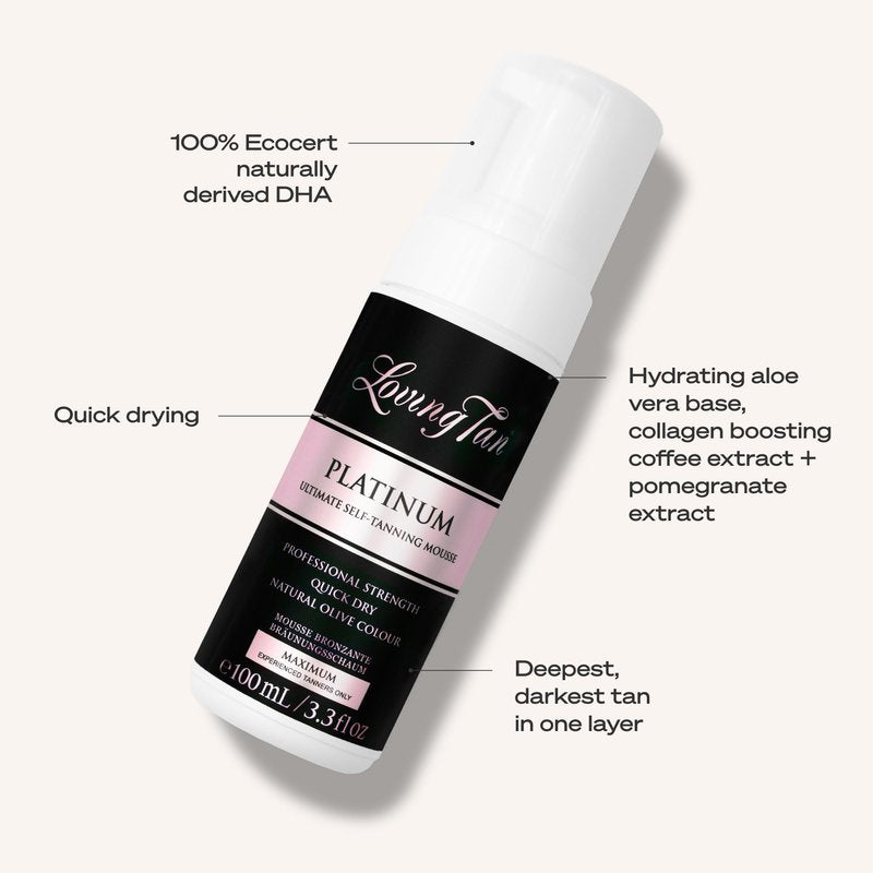 Loving Tan Platinum Self Tanning Mousse, Dark -Streak Free, Natural Looking, Professional Quality Self Tanner -5+ Self Tan Applications per Bottle, Naturally Derived DHA- 3.3 Fl Oz -Packaging May Vary