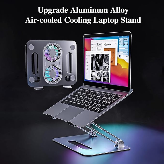 Eiyikof Aluminum Alloy Adjustable Laptop Stand Laptop Cooling Pad with Fan USB Hub Compatible with 10" to 15" Inches Notebook Computer-Grey