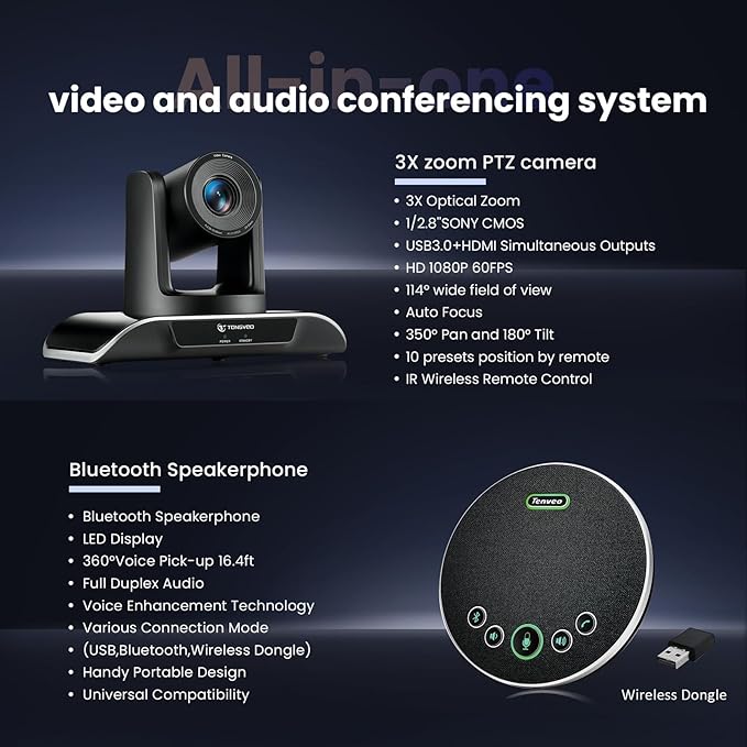 TONGVEO All-in-One Conference Room Video Camera System Al Auto-Tracking HD1080P 60fps 3X Optical Zoom USB3.0 HDMI PTZ Camera and Bluetooth Conference Speakerphone with Microphones