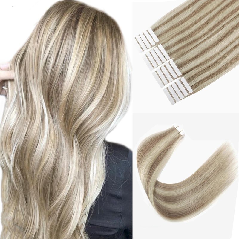 Sixstarhair Seamless Tape In Hair Extensions Remy Human Hair Highlight Hair Extensions Color Swedish Blonde and Ash Blonde Piano Color For Beautiful Girl 50g/20 Pieces Pack [Color 20/60 14inch]