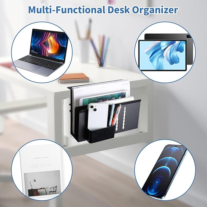 osseph 2 Tier Desk Side Storage Organizer, Under Desk Laptop Holder, No Drill Hanging Desks Caddy for Office & Home, Clamp On Desk Shelf for Tablet, Files, Accessories, Load 30Lbs