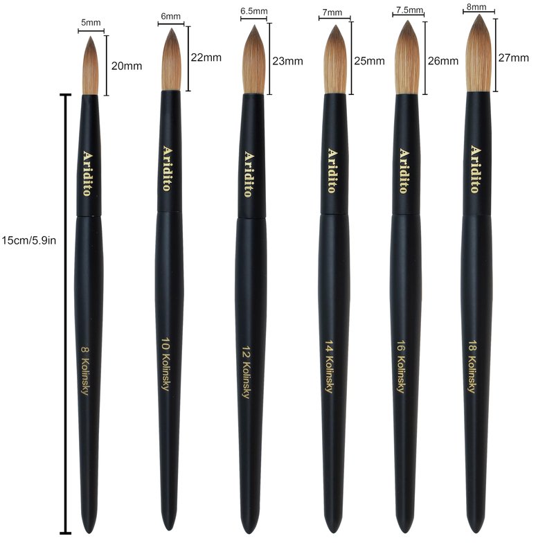 Aridito Kolinsky Round Head Acrylic Nail Art Brush Set, Black Wooden Handle Size 8 10 12 14 16 18, for Professional Manicure DIY Home Salon (16# Kolinsky)