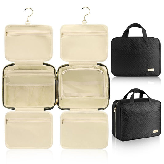 JIECH Hanging Travel Toiletry Bag for Women Detachable Toiletry Bag with 6 Compartments Large Makeup Bag Cosmetic Organizer for Bathroom Shower Business Trips Camping，Black