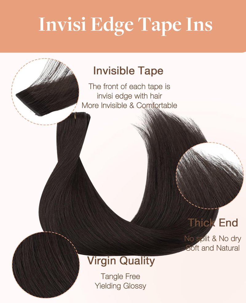 GOO GOO Invisi Edge Tape in Hair Extensions Human Hair, 2 Dark Brown, 10pcs 18inch 25g, Virgin Remy Hair, Seamless Injected Tape, Natural Look