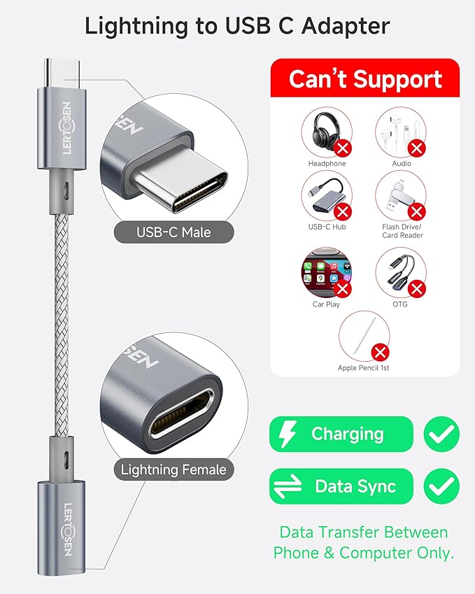 2 Pack Lightning to USB C Adapter, Fast Charging & Data Sync Adapter for iPhone 17 16 15 Pro Max Plus to USB-C, Compatible with Samsung S25/S24/S23, Not for Audio/OTG (Grey)