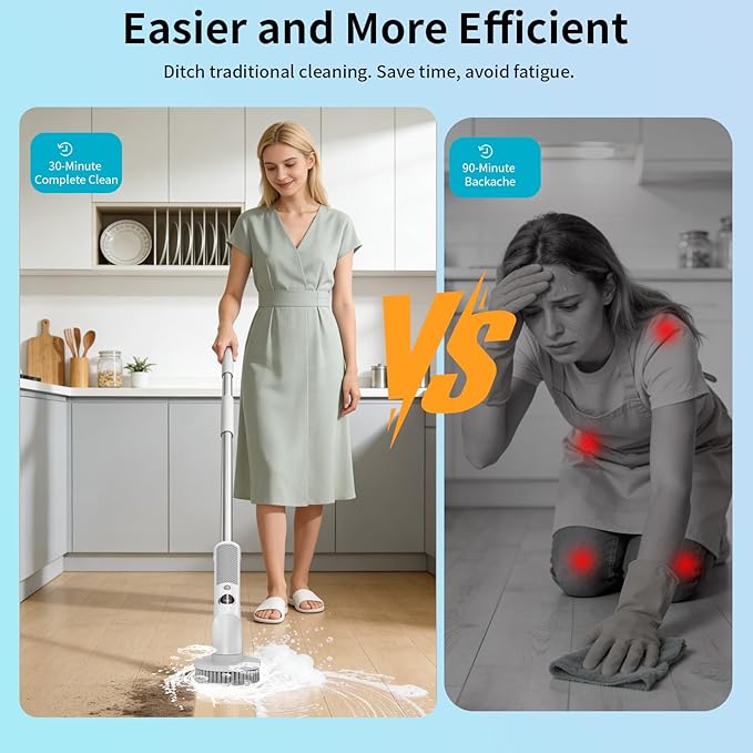 Electric Spin Scrubber, Cordless 20W High-Torque IPX7 Waterproof Cleaning Brush with LED Battery Display, 2-Speed &6 Replaceable Heads & Extendable Long Handle
