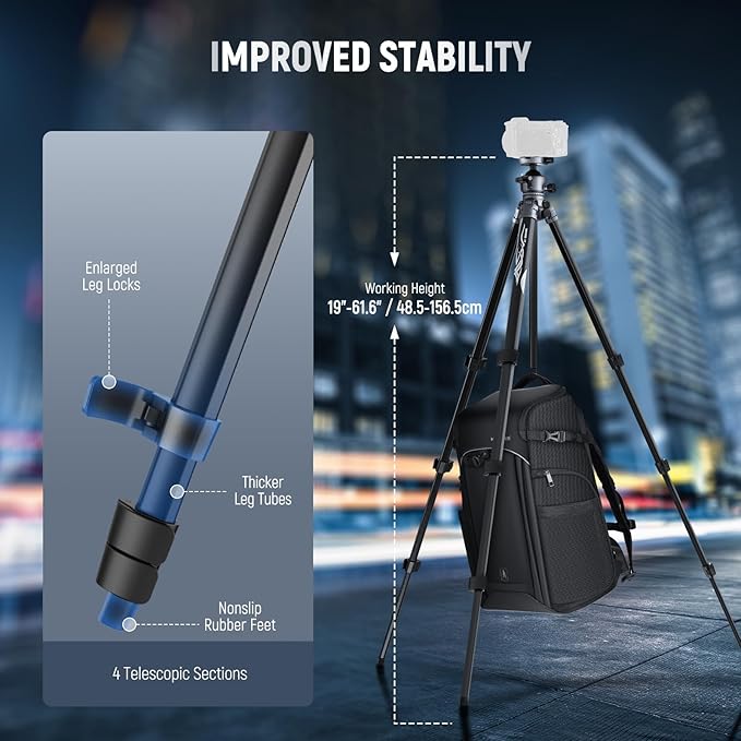 NEEWER LITETRIP LT07 61" Aluminum Travel Camera Tripod, Portable Stand with Ball Head Dual Axis Cell Phone Holder Arca QR Plate Compatible with iPhone for Video Recording, Max Load 22lb
