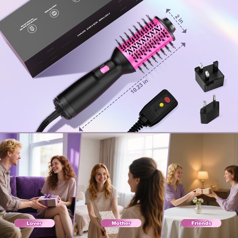Dual Voltage Travel Hair Dryer Brush (100V-240V), Automatic Hot Air Brush with EU&UK Plug, 6 Inch Oval Barrel One Step Blow Dryer Brush and Negative Ion Anti-frizz Styling Brush（9″）
