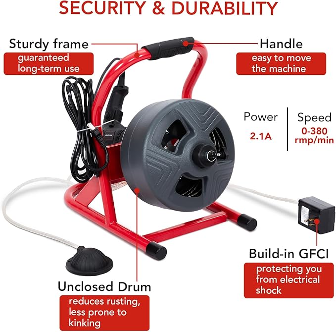 GARVEE Drain Cleaner Machine, 50 ft X 5/16 in Professional Automatic Electric Drain Auger for 3/4 to 3 in Pipes, Portable Electric Drain Snake with 6 Cutters & Foot Switch and Pair of Gloves
