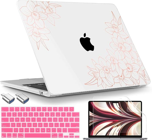 TWOLSKOO Compatible with MacBook Air 13 inch Case M5 2026 M4 2025 M3 M2 2024-2022 A3449 A3240 A3113 A2681, Plastic Hard Shell & Keyboard Cover for MacBook Air 13.6 inch Case, Pink Floral Frame