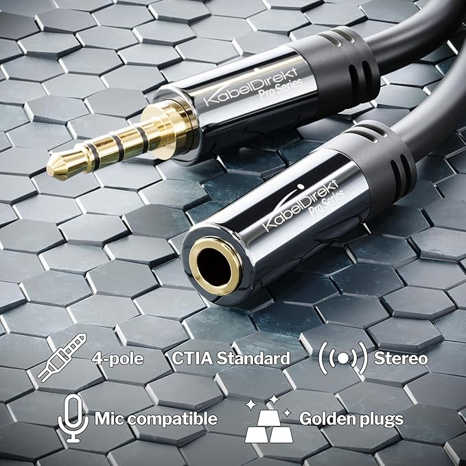 KabelDirekt – Headset Extension Cable – 20ft – Headphone Extension Cord with Break-Proof Metal Plug for Gaming Headsets & Headphones with Microphone, TRRS, 4-Pole, 3.5mm Male to Female