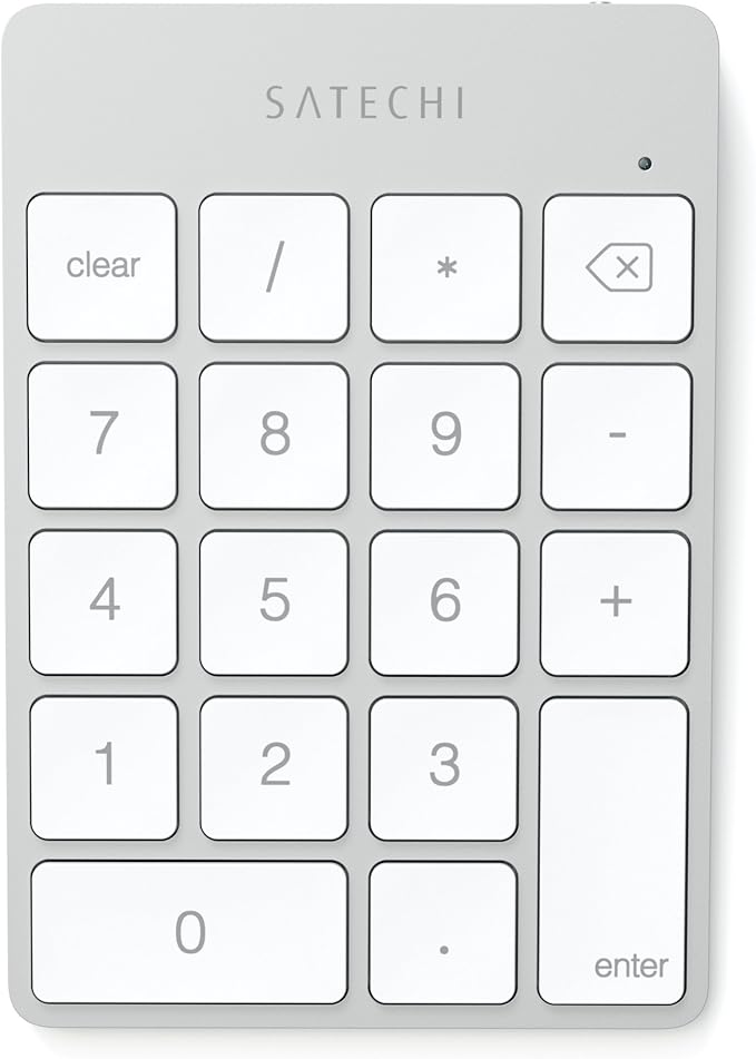 Satechi Slim Aluminum Bluetooth Keypad, Wireless Number Pad with 18 Keys, Micro USB Rechargeable Numpad, External Number Pad for MacBook Air/Pro/Neo, iPad Air/Pro, iMac, PC - Silver