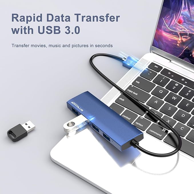 ANYPLUS USB Hub, USB 3.0 Hub Aluminum Alloy Ultra Slim USB Splitter, Portable 4 Port USB Extender, USB Hub for Laptop, PC, MacBook, iMac, Surface Pro, Mac Pro, Flash Drive, XPS 【Blue】