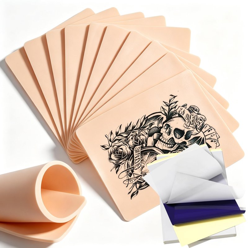 3MM Fake Skin and Transfer Paper Kit - Jconly 30pcs Tattoo Skin and Transfer Paper Kit Includes 10pcs Best Silicone Thick Skin Double Sided, 20Pcs Stencil Paper Tattoo Supplies Tattoo Kit