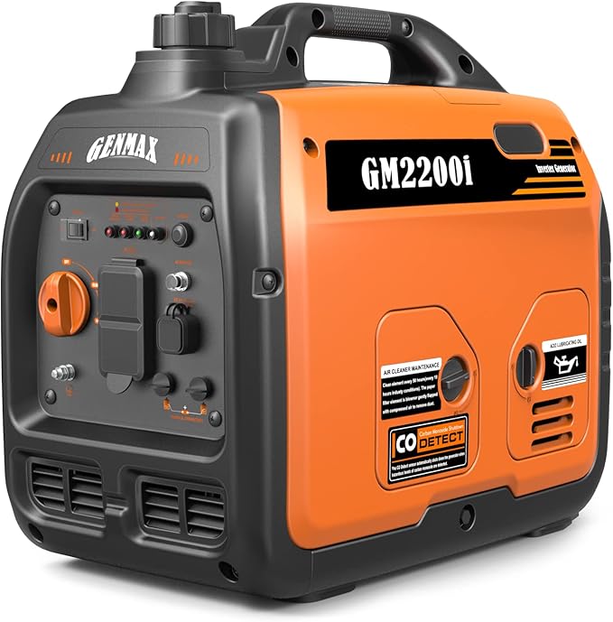 GENMAX Portable Generator，2200W Ultra-Quiet Gas Engine, EPA Compliant, Eco-Mode Feature, Ultra Lightweight for Backup Home Use & Camping (GM2200i)