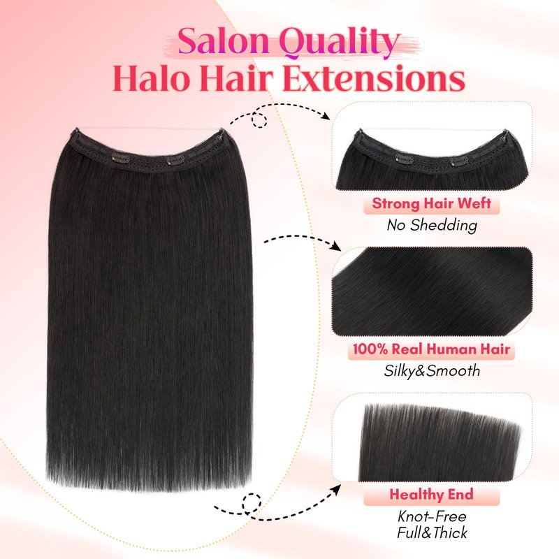 Rich Choices 100% Real Human Halo Hair Extensions for Women Remy Halo Extension Invisible Wire Hairpiece Clip in One Piece Hairpiece Upgrade Adds Weight 65g 12 Inch #01 Jet Black