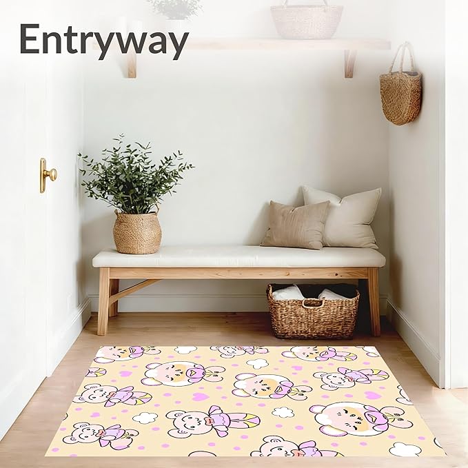 Flatwoven High Traffic Area Rug 8x10, Sweet Bear Balloon Interlocking Dot and Cloud Motif, Non Slip, Stain Resistant, Washable Area Rugs for Living Room, Bedroom (Beige, 8x10)
