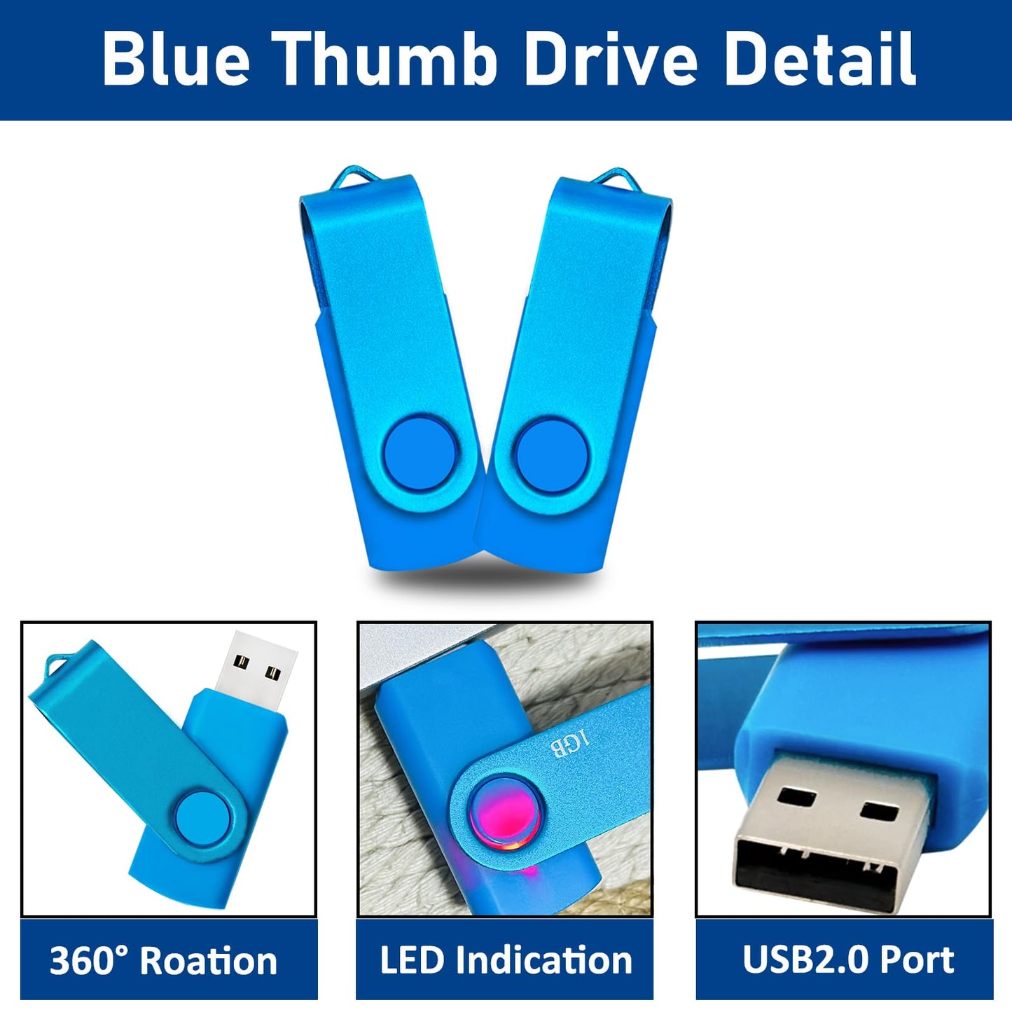 2GB USB 2.0 Flash Drive 10 Pack Nicepicten Pendrive Swivel Thumb Drives Jump Drives Zip Drive USB Memory Stick Thumbdrive Flashdrive Ideal for Home Office Shared Data Storage, Blue 2GB