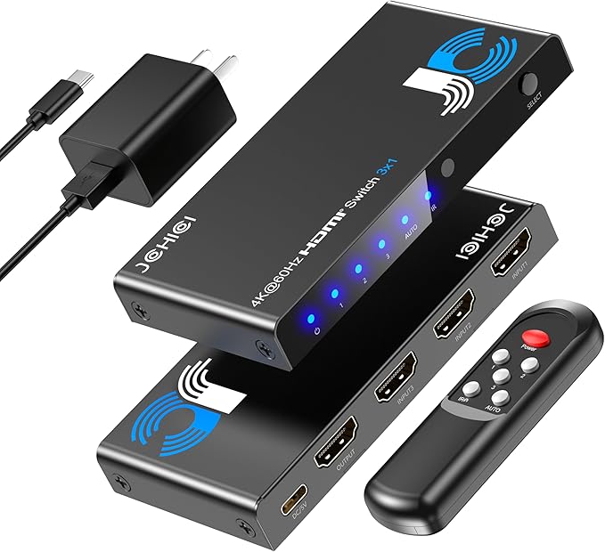 JCHICI HDMI Switch 3 in 1 Out, 4K@60Hz Switcher Splitter, Auto-Switching HDMI 2.0 Switcher with Remote, HDCP 2.2/HDR/3D, Works with PS5/PS4/Switch/Xbox/PC