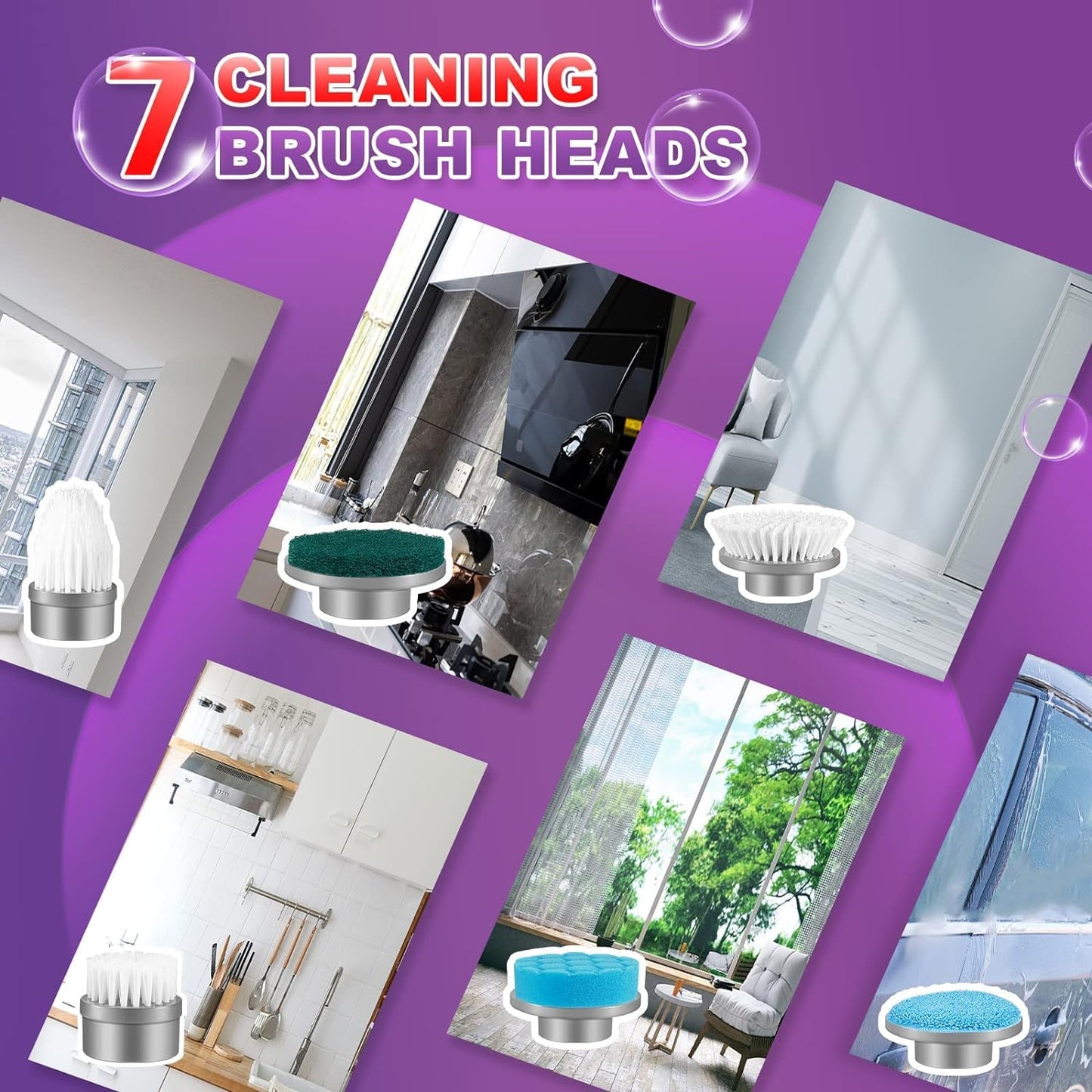Electric Spin Scrubber, 1.5H Shower Scrubber with 7 Replaceable Brush Heads & Adjustable Extension Arm, Cordless Household Cleaning Brush for Bathroom Tub Tile Floor