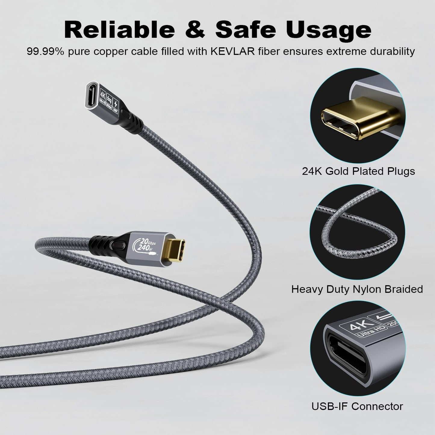 CABLEDECONN USB C 3.2 Gen-2 Extension Cable 0.5M 1.6FT Thunderbolt 3 240W Fast Charging Cable Male to Female Data Transfer 20Gbps 48V/5A Type-C Cable 4K Video Output Compatible with MacBook