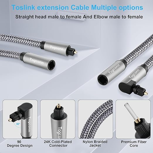 Optical Extension Fiber Digital Cable Adapter 2 Feet (2 Pack), 90 Degree Right Angle & Straight Male to Female Coupler, Toslink Audio Cable, Nylon Braided for Home Theater, Soundbar, TV and More