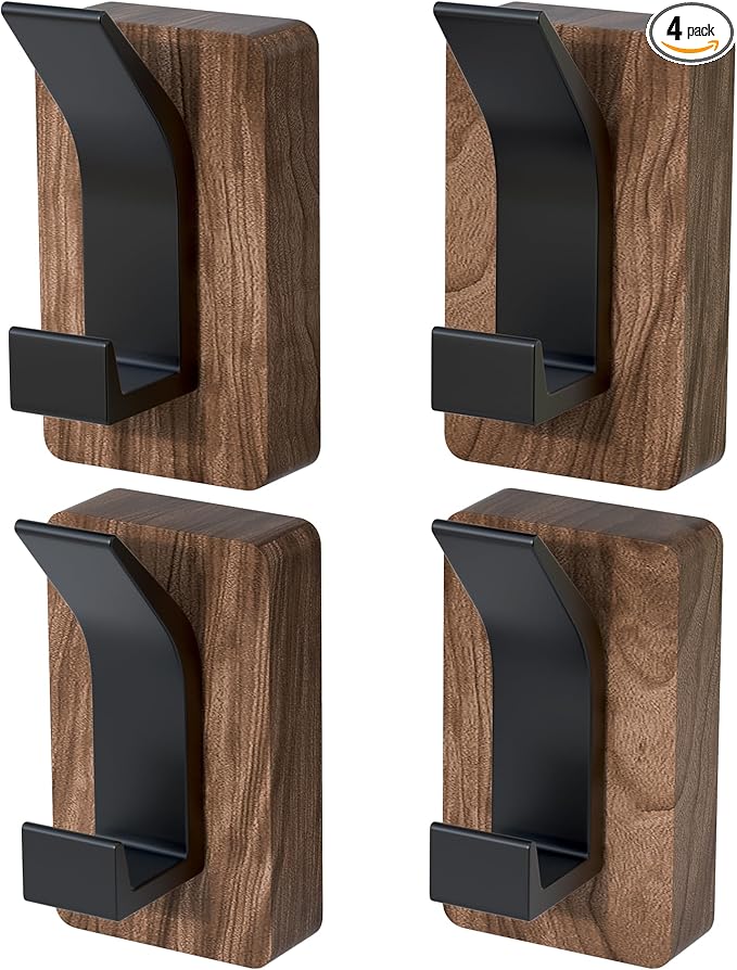 IURRDOP 4 PCS Black Walnut Wood Wall Hooks Adhesive Mounted & Wall Mounted Rustic Decorative Entryway Hooks Mid Century Modern Natural Wooden Pegs for Hanging Coat Clothes Hat Bag Purse and Towel
