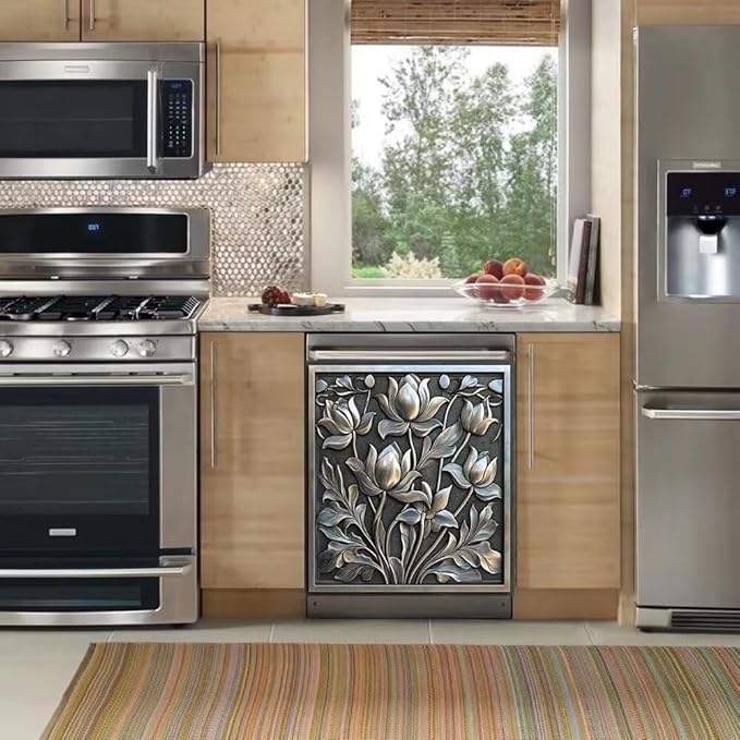 Dishwasher Magnet Cover Stainless Steel Look Flower Dishwasher Front Panel Decorative, Magnetic Appliance Cover Kitchen Decor Home Refrigerator Magnets Sticker 23" W x 26" H