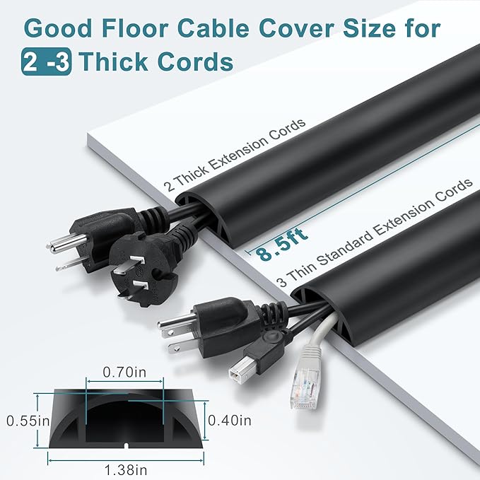 LZEOY 8.5FT Black Cord Cover Floor, Cord Protector, Floor Extension Cable Cover, Soft PVC Wire Covers - Cord Cavity: 0.7" (W) x 0.4" (H)