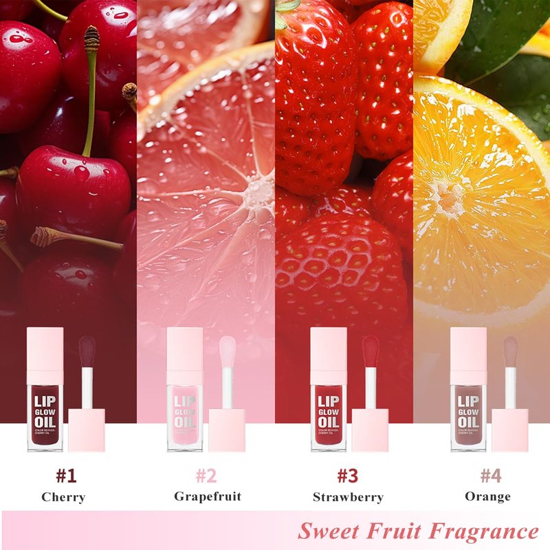 Glow Lip Oil Set, 4 Colors Tinted Glow Lip Oil Set, Hydrating Transparent Moisturizing Plumping Non-Sticky Big Brush Head Lip Gloss