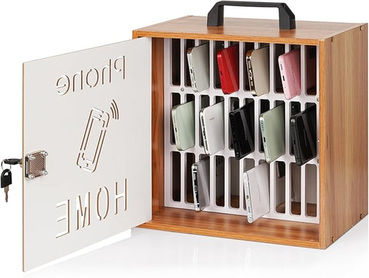 Lzttyee Cell Phone Holder Classroom 33 Slots Wooden Cell Phone Storage Cabinet Pocket Chart with Handle and Security Lock for Classroom Office (33 Grid Cabinet Cherry)