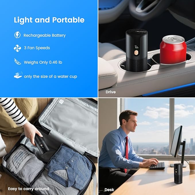 Arint Car Air Purifier, Mini Portable HEPA Filter with 4-Layer Filtration & LCD Display, 15dB Ultra Quiet, Cordless, Eliminates 99.97% of Smoke Dust Pet Odors for Vehicle Office Travel