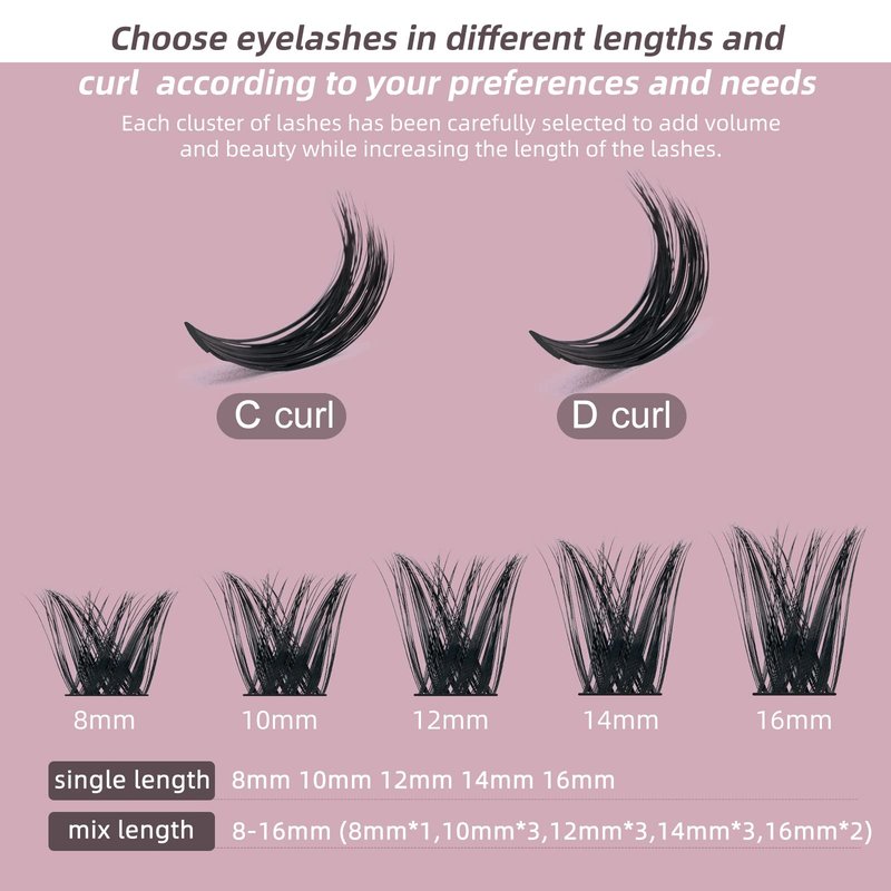 QUEWEL Cluster Lashes 72 Pcs Wide Stem Individual Lashes C/D Curl 8-16mm Length DIY Eyelash Extension False Eyelashes Honey01 Styles Soft for Personal Makeup Use at Home (Honey01-D-MIX8-16)