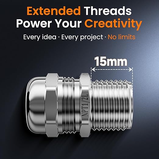 QILIPSU 10pcs 1/2" NPT 304 Stainless Steel Cable Gland Waterproof IP68 Metal Strain Relief Cord Grip Cable Long Thread Pass Through Wire Connector