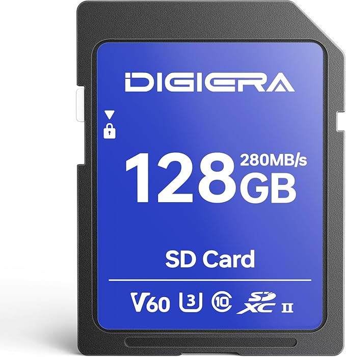 DIGIERA 128GB LSU100 SDXC UHS-II Memory Card - up to 280MB/s, C10, U3, V60, 6K, SD Card for Computers, Digital Cameras, Home Theatre Devices, Car Navigation Systems (1 Pack)