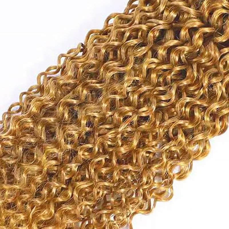 Honey Blonde Human Hair Bundles 14 16 18 Inch Kinky Curly Wave Bundles Human Hair Unprocessed Native Virgin Hair 100/PC 3 Extensions #27 Blonde Color Wet and Wavy Human Hair Extensions for Women