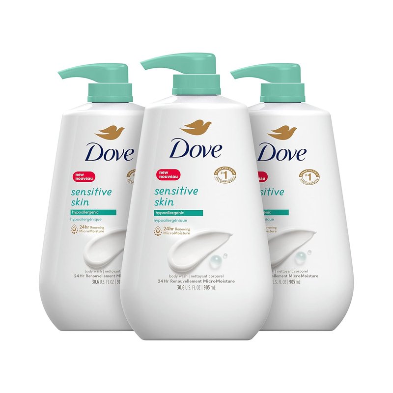 Dove Sensitive Skin Body Wash - Gentle Cleansing Formula | 30.6 Fl Oz (Pack of 3) & Advanced Care Antiperspirant Spray with Pro-Ceramide Technology